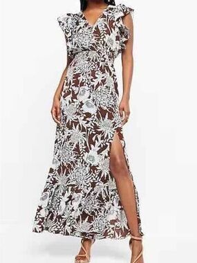 Express Boho Brown & White Floral Maxi Dress with Ruffle Sleeves